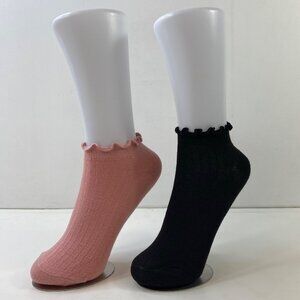 Womens Ankle Socks Set 2 Ruffled Cuffs Solid Pink Black